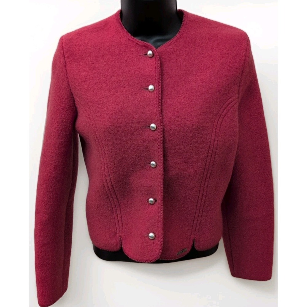 Geiger Tyrol Austria Boiled Wool Cardigan Knit Sweater Jacket Red Size 38